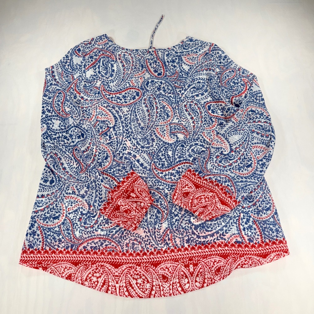 Ariat Blouse Womens Medium Blue Red Paisley Tie Neck Tunic Western Blouse - Picture 7 of 7